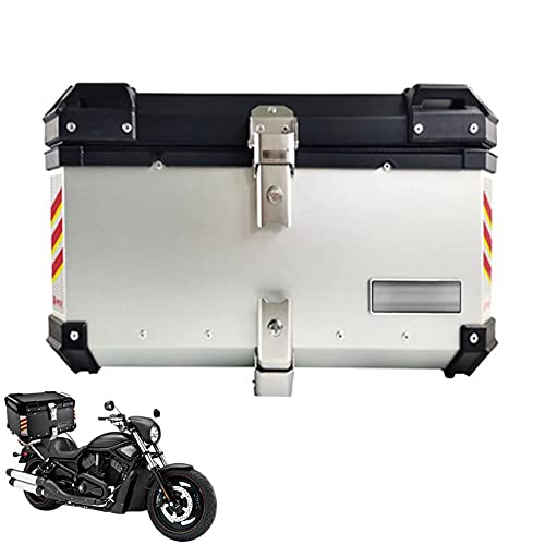 HGTRH Baul Moto Metalico, Maleta Moto Trasera Aluminio, BaúL Moto Cuadrado 65L - 57 * 38.5 * 31.2cm Plata Caja De Moto Topcase con Desenganche RáPido Base Incluida Y Cerradura