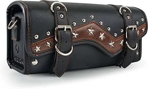 NICECNC Vintage Punk Motocicleta Manillar Bolsa, Moto Tenedor Bolsa de Cuero de la PU Classic Cowhide Líneas Rivet Rock Style, Reforzado Correas de unión Moto Herramienta Sissy Bar, Negro