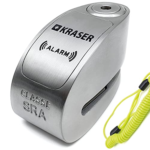 KRASER KR14S Candado Moto Alarma Bicicleta Antirrobo Patinete Eléctrico Homologado Cerradura Discos Scooter Sonido On/Off Alta Seguridad Protección, Pinza Motocicleta Bloqueo Bici ø14, 120dB