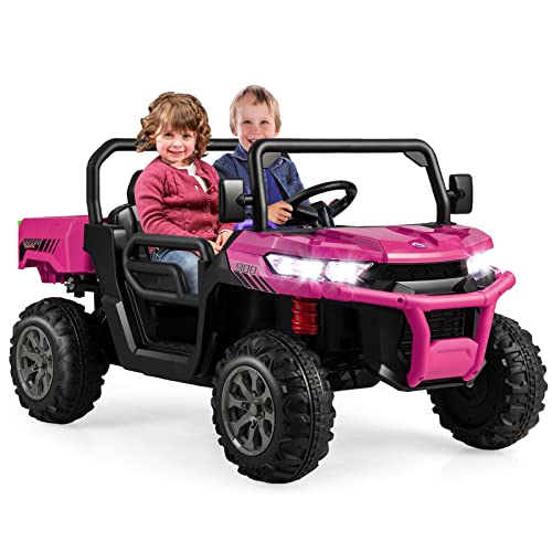 COSTWAY 12V UTV Coche Eléctrico para Niños con 2 Plazas, Vehículo Todoterreno Eléctrico con Volquete, Control Remoto, Modo de Balanceo, Música, USB, Vehículo Utilitario para Niños (Rosa)