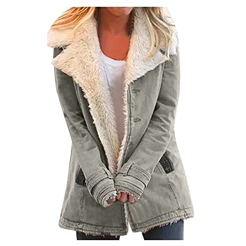 Abrigo Mujer Invierno Talla Grande Liquidación Venta Rebajas Vintage Chaqueta Larga de Invierno para Mujer Parka con Forro Polar y Solapa Slim Fit Casuales Abrigo(Gris,XL)