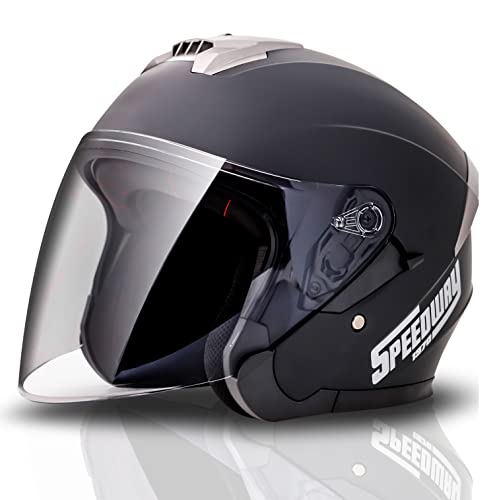 SPEEDWAY 1970 Casco Jet Moto Hombre Mujer Custom con Doble Visera Antivaho Antiarañazos Color Negro Mate - Casco Scooter Ciclomotor Vespa con Ventilacion 360 Transpirable - OpcIon Repuestos Talla L