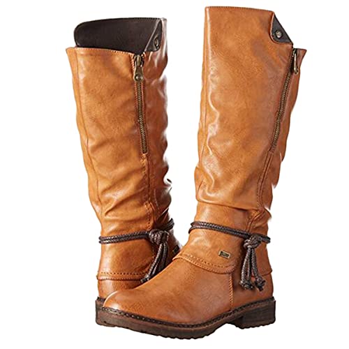 MArtzi Botas Retro hasta la Rodilla para Mujer Botas de Montar de Cuero PU con Cordones Steampunk Botas de Moto Ecuestre góticas de tacón bajo con Cremallera para Mujer, Estilo Medieval lapón