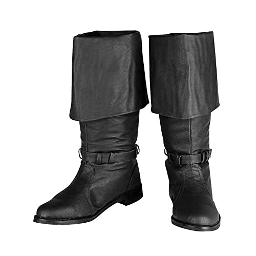 Botas De Caballero, Medieval Vikingo Retro De Cuero De Eje Largo De Los Zapatos De Reborde, Cosplay Nórdico Pirata Plana De Los Zapatos De La Bota Para Los Hombres Las Mujeres El Uso Diario,Negro,41