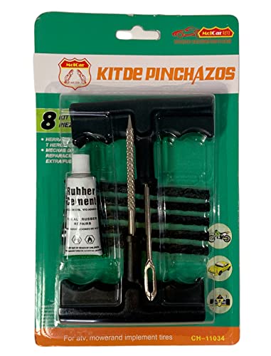 RevolutionLine - Kit Reparador de pinchazos para neumáticos de Coches y Motos | Herramientas Incluidas: 1 Herramienta para perforar, 1 Herramienta para Insertar la Mecha, 5 mechas y Pegamento