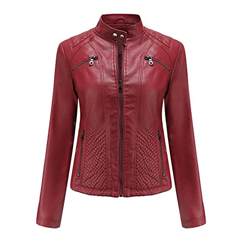 Chaqueta Moto Mujer Chaqueta de Piel para Mujer Biker Moto Corto Cazadoras Piel Mujer Cuello de Solapa Cazadoras Polipiel Mujer Abrigos de Paño Mujer Invierno Slim Fit Cazadora Roja Mujer S~XXXXXL