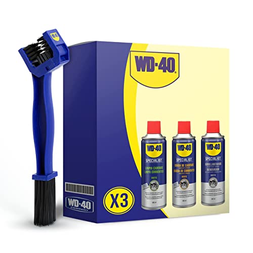 WD-40 Motorbike – Cuidado y mantenimiento cadena con Spray Limpiacadenas 400Ml + Grasa de Cadenas 400Ml + Abrillantador de Silicona 400Ml + cepillo limpia cadenas - Pack 3 unidades + Cepillo