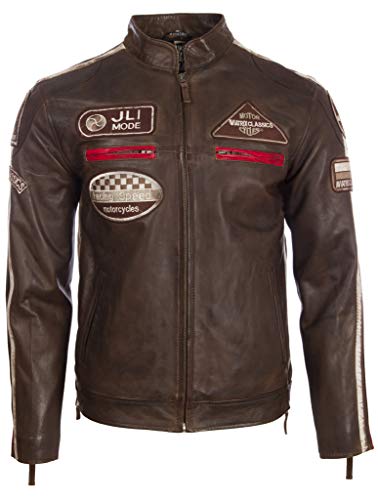 Aviatrix Chaqueta Biker De Cuero Autentico Para Hombre Con Cuello De Banda y Distintivos De Moto (CXUS)