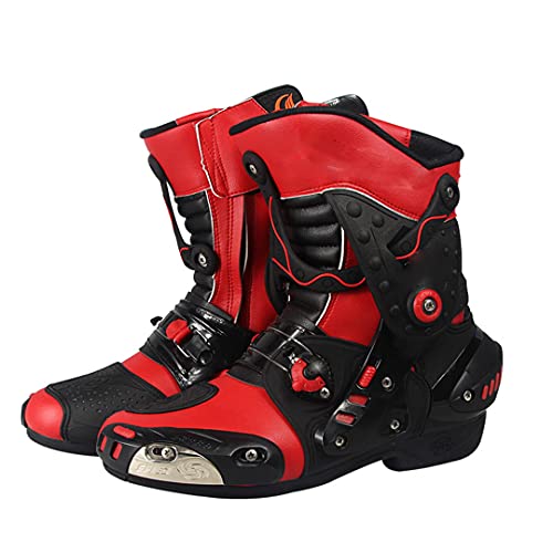 Hensftods Botas Motocicleta Riding Tribe Speed Botas Cuero PU Botas Transpirables Motocross Off-Road Racing Botas Red 8.5