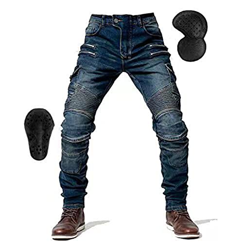 oFzimTo Pantalones de moto vaqueros para hombre, vaqueros de pierna recta resistentes a la caída con 4 tipos de dispositivos de protección, pantalones de moto para correr, azul, L