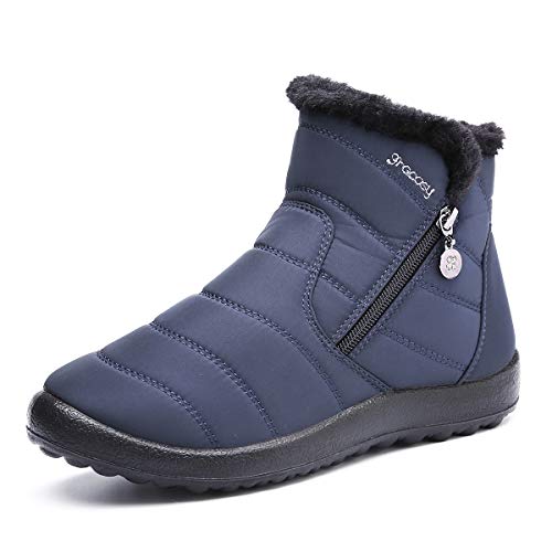 gracosy Botas de Mujer Otoño Invierno Goma Encaje Forro de Piel Punta Redonda Botas de Nieve Zapatos de Trabajo Formal Calzado Antideslizante Ligero Botines Que Caminan Azul 43