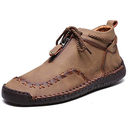 TTW Botines de Cuero Vintage para Hombre Zapatos Oxford Suaves Hechos a Mano Cierre de Cremallera Mocasines con Cordones Zapato Plano Antideslizante Transpirable Ligero para Caminar,Caqui,44