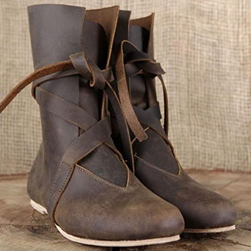 Botas De Cazador De Caballero Renacentista para Mujeres/Hombres - Botas Punk con Cordones Medievales Retro - Botas De Pirata Vikingo De Cuero De PU Disfraz De Cosplay De Halloween,Marrón,47