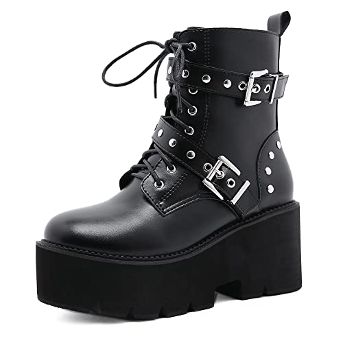 Botas de moto mujer plataforma botines otoño invierno elegante gótico botas bloque tacón encaje hasta tacones altos hebilla correa mid becerro cuero botas