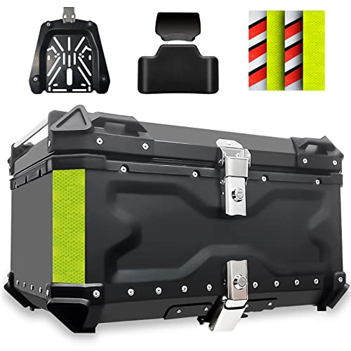 Baul Moto, 65L Baúl de Aluminio Impermeable para Moto. Maleta Moto para Almacenamiento Casco. Caja de Motocicleta con Cerradura de Seguridad. Baul para Moto con Respaldo y Placa de Montaje (Negro)