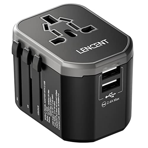 LENCENT Adaptador Enchufe de Viaje Universal con 2 USB, Adaptador Universal Internacional a Reino Unido/EE.UU./Europa/Australia/China, Adecuado Más de 200 Países, Enchufe de Tipo G/A/I/C