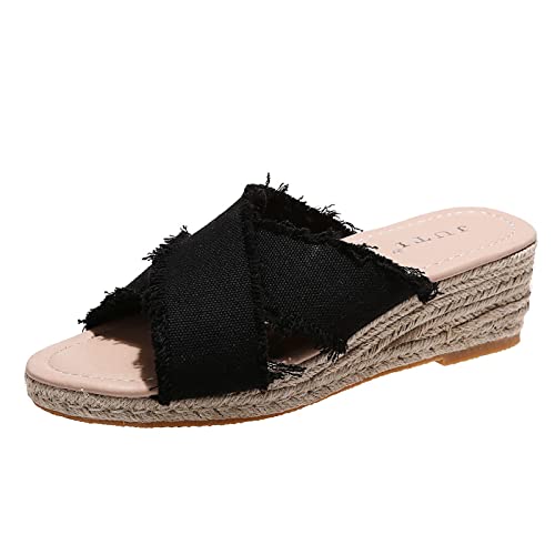 Tacón plataforma y sandalias verano moda correa primavera mujeres cuña Cross sandalias para mujer Pisos para mujeres Vestidas, Negro , 37 EU