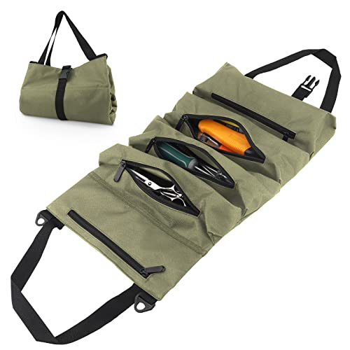 Bolsa Organizador de Herramientas, Bolsa Enrollable Herramientas de Tejido Oxford 600D, Estuche Herramientas con 5 Bolsillos Para Electricistas/Carpinteros/Fontaneros/Automóviles - Verde