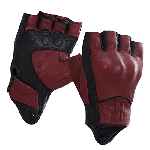 Harssidanzar Guantes de moto sin dedos para mujer,protección de nudillos duros conducción motociclista carreras moto guante pantalla táctil KL022,Sangre de buey/Negro,Talla M