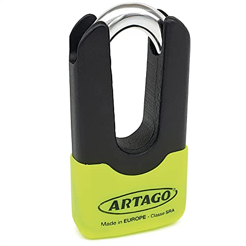 Artago 69X Candado Moto Disco Mini U Alta Gama Triple Homologación, MONOBLOK Acero Forjado Máxima Resistencia, Doble Cierre 14mm, DISC-TECH ART+, Diseño exclusivo, Antirrobo Moto Scooter Disco Freno