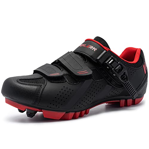 Fenlern Zapatillas MTB Hombre Ligera Transpirable Zapatillas Bicicleta de Montaña 2 Tornillos Zapatillas Ciclismo MTB Suela Rígida Zapatillas de Ciclismo con Hebilla(Negro Rojo,43 EU)