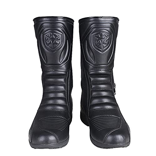 Botas de Moto de Cuero Zapatos de Moto Impermeables Four Seasons Racing Botas de Motociclista Protección Antideslizante Deportes Botines Largos para Hombre,Black-43