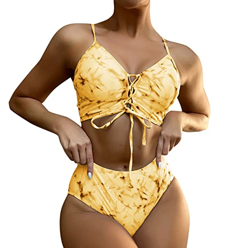 OIUHJN Traje de baño para mujer con estampado soild bikinis sexy push up bikini conjunto de dos piezas playa traje de baño baño despertador chicos, amarillo, L