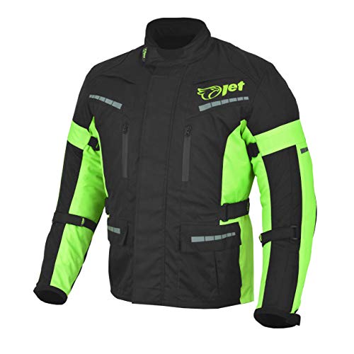 JET Chaqueta Moto Hombre Textil Impermeable con Armadura Gris Plateado (Negro Fluro, L)