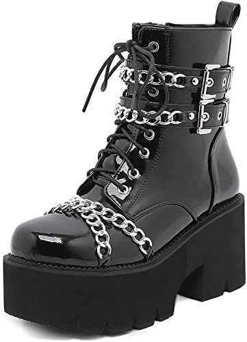 Botas góticas gruesas for mujer Remache punk Cadenas con tachuelas Botas de plataforma con cordones Cremallera lateral Botas de combate Botas de moto de cuero con punta redonda Botines cortos Cuñas Ta