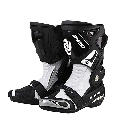 MRDEAR Botas de Motocross, Botas Moto Cross Hombre Cuero PU Botas de Motocicleta Motociclismo Antideslizante Zapatos Moto Botas Deportivas Protectoras, Blanco & Negro,43 EU