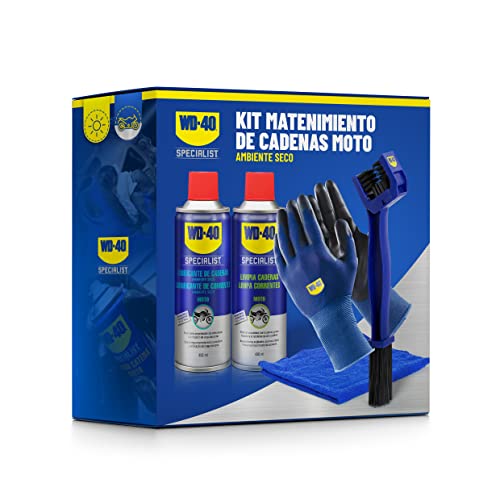 WD-40 Specialist Motorbike Kit Mantenimiento Cadena Moto Ambiente Seco (Limpia Cadenas + Lubricante Cadenas + Cepillo + Guantes + Paño), Blue