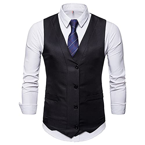 Ying Chaleco Hombre Slim Fit Cuatro Estaciones All-Match Sin Mangas Moda Empalme Hombre Negocios Chaleco Cuello V Dos En Uno Diseño Urbano Cena Hombre Anfitrión Chaleco P-Black L