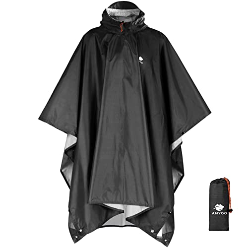 Anyoo Poncho de Lluvia Reusable de Ripstop transpirante Ligero a Prueba de Agua Multiuso Impermeable con Capucha Ideal para el Aire Libre Campamento Excursionismo y Pesca, Negro, Talla única