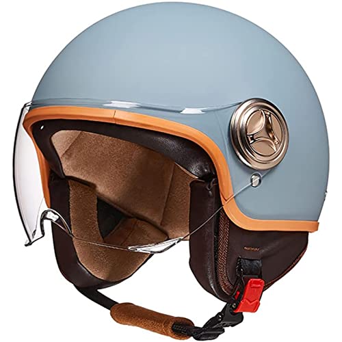 DXDRT Casco Retro Vespa Adulto 3/4 Motocicleta Abierta Medio Casco Helmets con Ciclomotor Eléctrico Vintage con Visera Hebilla Rápida Transpirable para Hombres Mujeres,Gray Blue