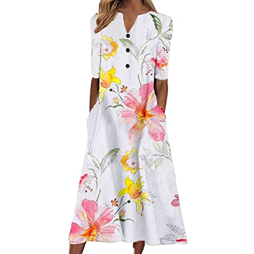 Vestido Midi Fluido de Fiesta con Estampado Floral de Manga Corta Abotonada Informal de Verano para Mujer Botas Vestir Niña