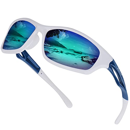 Duduma Gafas de Sol Hombre Polarizadas Gafas Deportivas para Running Ciclismo Pesca Lentes de Sol para Hombre Mujer Protección UV400(marco blanco/lente azul