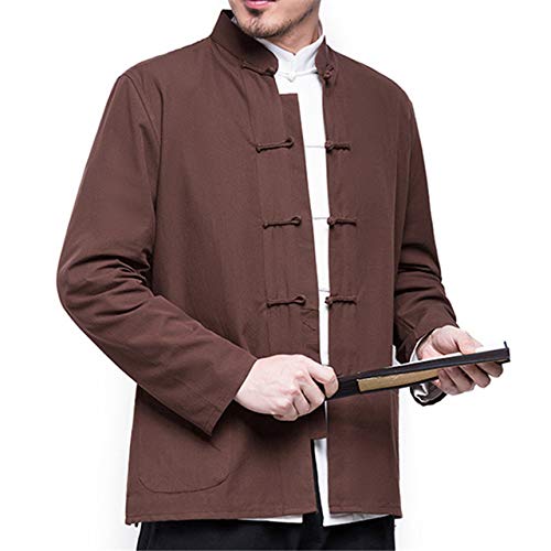 HNOSD Otoño Nuevos Hombres Estilo Chino Algodón Lino Abrigo Kimono Suelto Cárdigan Hombres Color sólido Ropa de Abrigo Chaquetas Abrigos Marrón 4XL