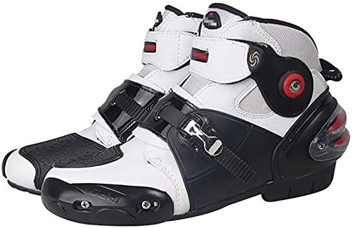 FGDFGDG Botas de Motocicleta para Hombres, Botas de Carretera blindadas Protectoras de Cuero de Carreras Impermeables, Zapatos Antideslizantes de protección de Tobillo Corto Botas de Moto,Blanco,43