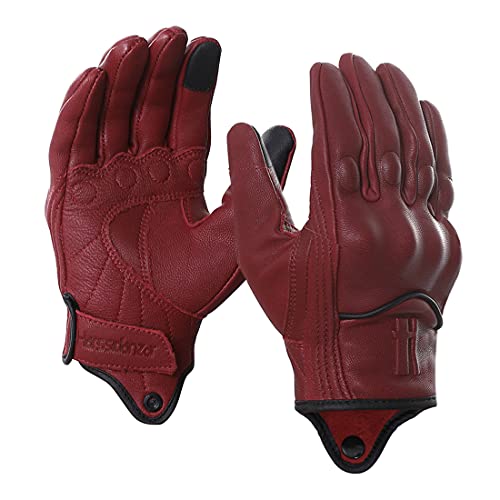 Harssidanzar Guantes de Moto Hombre,Cuero de Guantes de Montar Touch Screen con Protecciones Profesional En Los Nudillos,Rojo(Upgrade),L