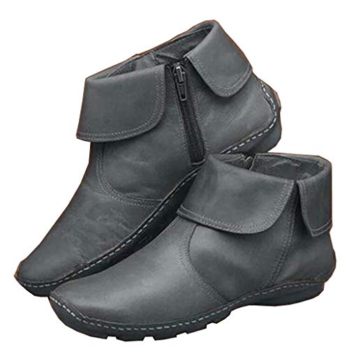 UMore Botines de Cuero Otoño Vintage con Cordones Zapatos de Mujer Botas cómodas de tacón Plano Cremallera Bota Alto Botas de Apoyo de Arco 2042 para Mujeres