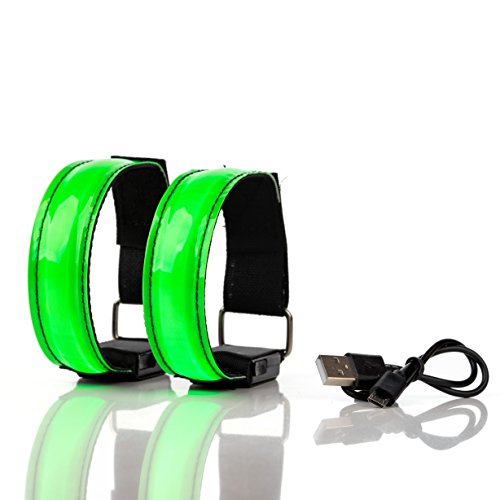 CONJUNTO DE 2 BRAZALETES LED RECARGABLES super brillantes alta visibilidad reflectantes luz LED nocturna para running, ciclismo, senderismo, con parpadeo y LED estático, carga USB (verde)