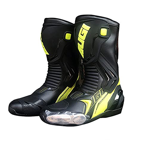 Botas de Montar en Motocicleta, Zapatos de Moto Impermeables para Mujer, Botas de Cuero para Hombre y Mujer, Botas de Carreras Blindadas para Ciclistas,Blackyellow-39