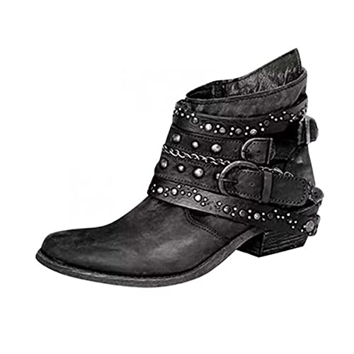 Botas de Combate Vintage para Mujer - Retro gótico Remache Hebilla de Metal Cuero Punta Redonda Tacones Bajos Gruesos Botines Botas Cortas para Montar Zapatos de Vestir de Halloween, Estilo Medieval