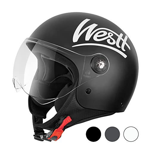 Westt Casco de Moto Classic Jet con Visera para Hombres Mujeres, Casco de Scooter Chopper ciclomotor Retro piloto de Motocicleta Media Concha con homologación ECE Dot, Negro Mate, M (55-56 cm)