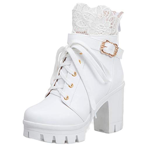 Dieenia Mujer Moda Tacón Alto Botines Plataforma Tacón Ancho Botas De Estilo Motero Cremallera Fiesta Botines Las Agujetas Blanco Talla 38 EU/39CN