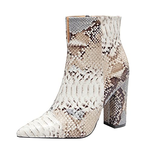 TEELONG - Botas de plataforma para mujer, botas de estampado grueso, botines de serpiente para mujer, tacones puntiagudos, botas altas para mujer, beige, 38 EU