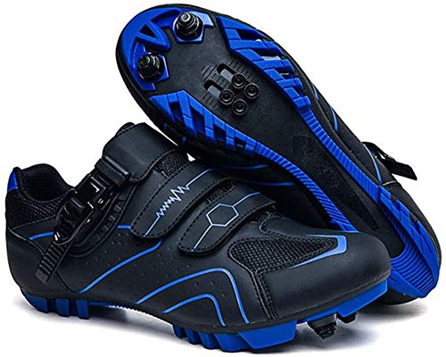 tangjiu Bicicleta de Montaña con Tacos, Zapatillas de Ciclismo de Carretera de Fibra de Carbono Transpirables, Zapatillas Deportivas Antideslizantes con Tiras Reflectantes (Azul,43)