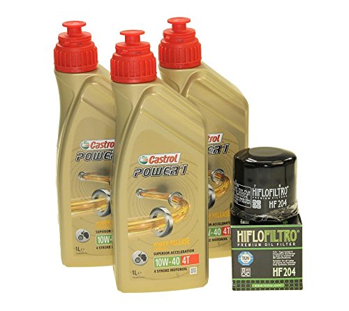 Juego de cambio de aceite Castrol SAE 10W-40 Power 1 4T con filtro de aceite Hiflo HF204 para, por ejemplo, Yamaha, Triumph Tiger Thruxton Sprint Rocket, Kawasaki KVF VN W Z, Honda