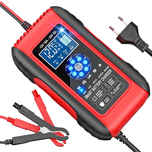 YDBAO Cargador de Baterías 10A 12V/24V Cargador Baterias Coches Moto Inteligente Completamente Automático con Pantalla Táctil LCD y Múltiples Protecciones para Baterías de Plomo-ácido AGM Auto Moto