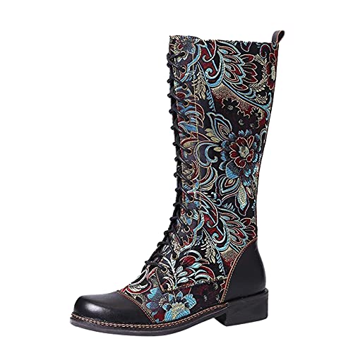 Yowablo Botas Mujeres Bordadas Vintage Botas Moto Botas Estilo étnico Mujeres Botas Largas Zapatos, Le Noir, 40 EU